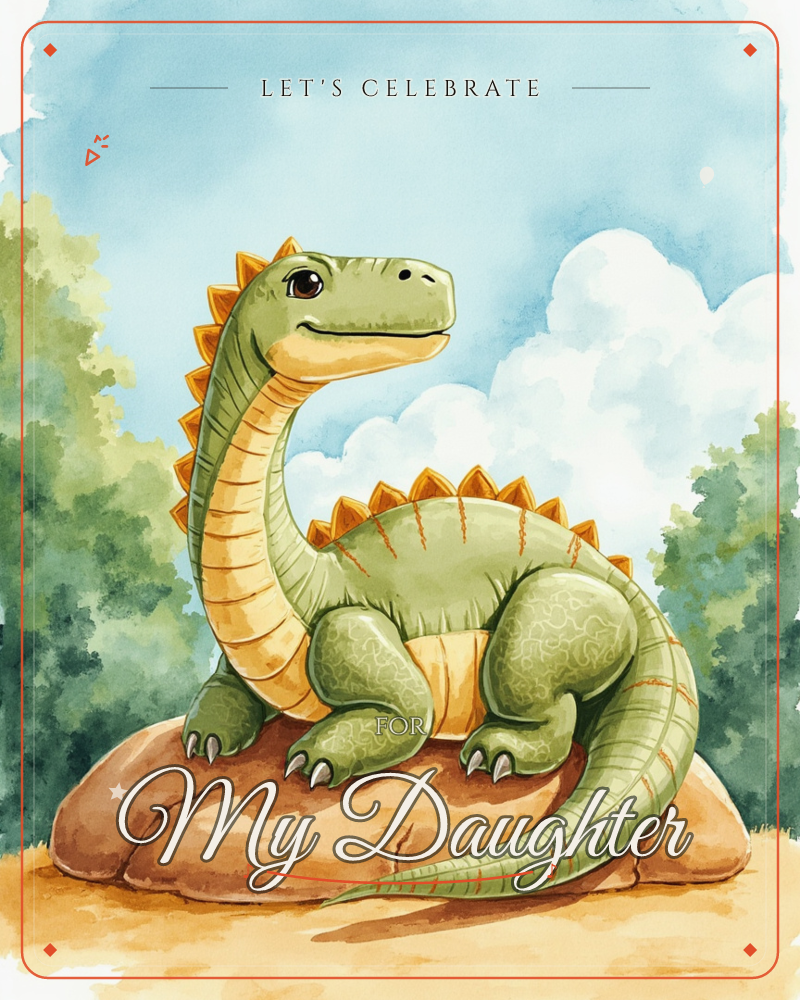 A friendly green dinosaur with a golden striped neck and orange-tipped spikes perches on a sandy boulder, gazing off to one side with a gentle smile, a party e-card design
