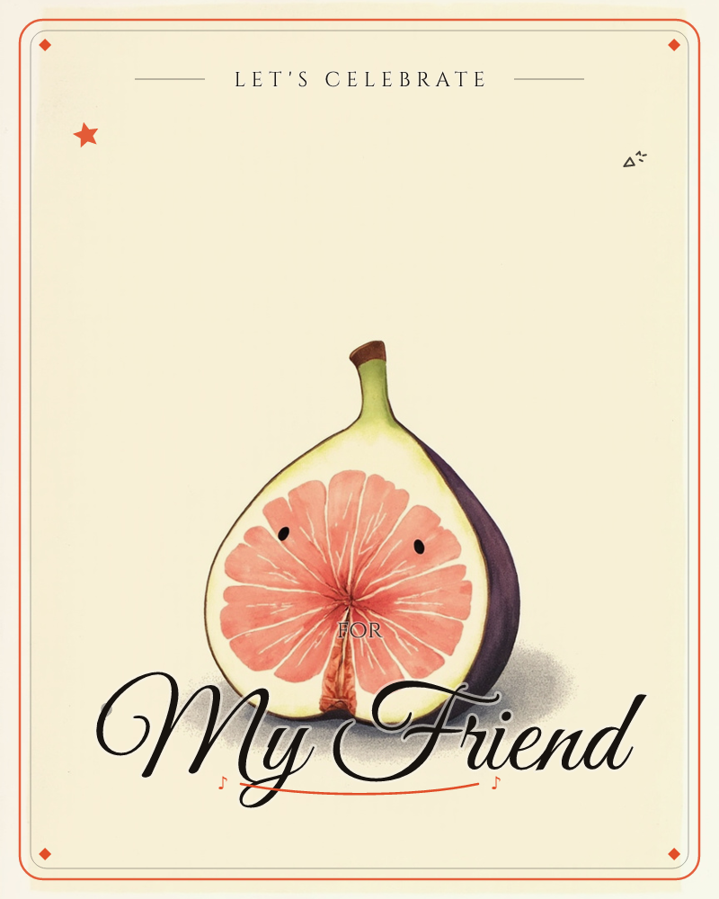 A single fig sits sliced in half against a plain warm cream background, its deep purple skin peeled back to reveal a starburst of coral-pink flesh and…, a party e-card design
