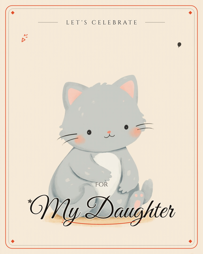 A round, chubby grey kitten sits front and centre with its tail curled neatly around its paws, blushing pink cheeks and a soft white belly catching the…, a party e-card design