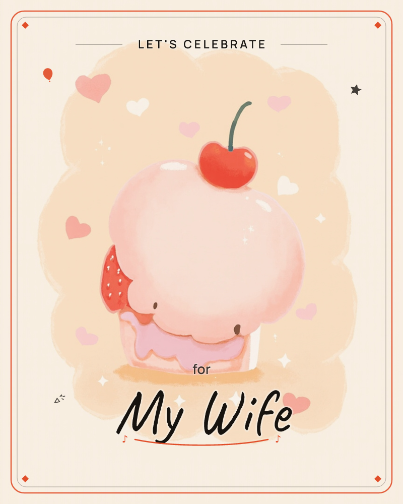 A plump little cupcake character with a glossy pink swirl of frosting and tiny sleepy eyes sits topped with a glossy red cherry, a strawberry slice…, a party e-card design