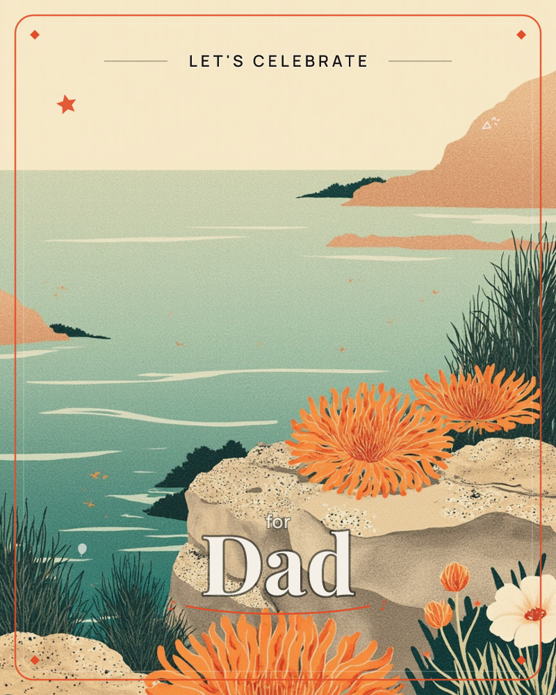 A calm seaside inlet stretches out under a pale sky, with soft coral-toned headlands rising along the water's edge, a party e-card design