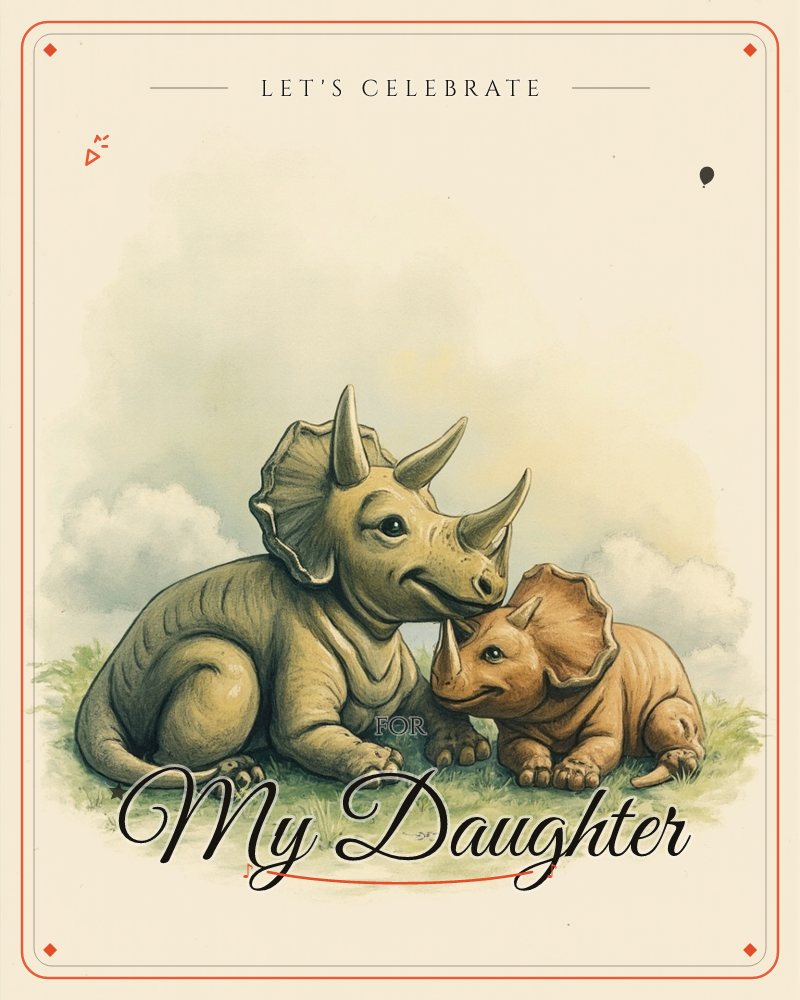 A large sage-green triceratops rests low on a grassy patch, nuzzling snout-to-snout with a smaller rust-orange triceratops beside it, a party e-card design