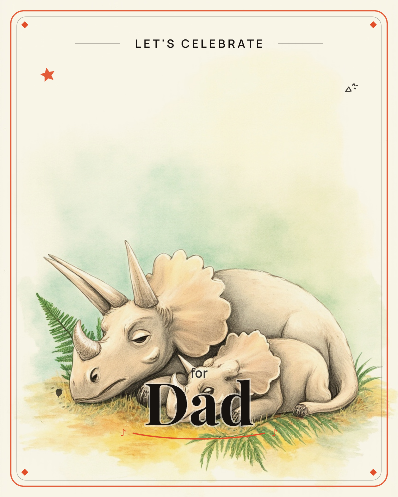 A large triceratops rests curled on the ground with a smaller triceratops tucked in close beside it, both dozing among ferns and patches of dry grass, a party e-card design
