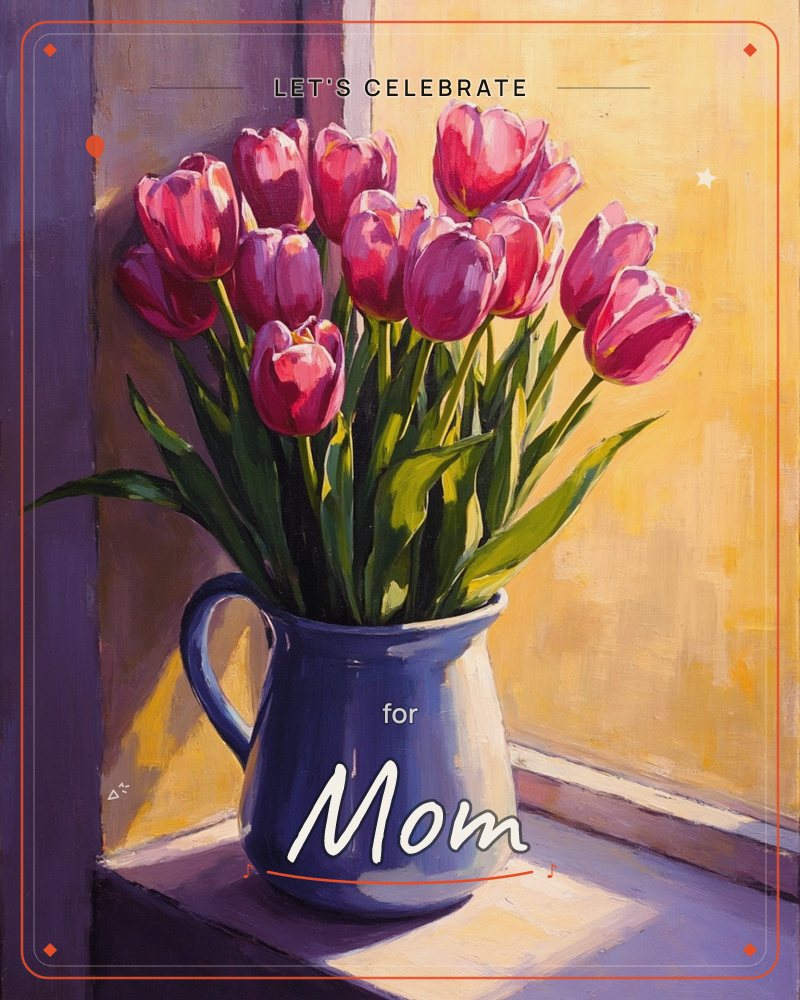 A blue ceramic pitcher holds a generous bunch of pink tulips, painted in loose, confident brushstrokes on a windowsill corner, a party e-card design