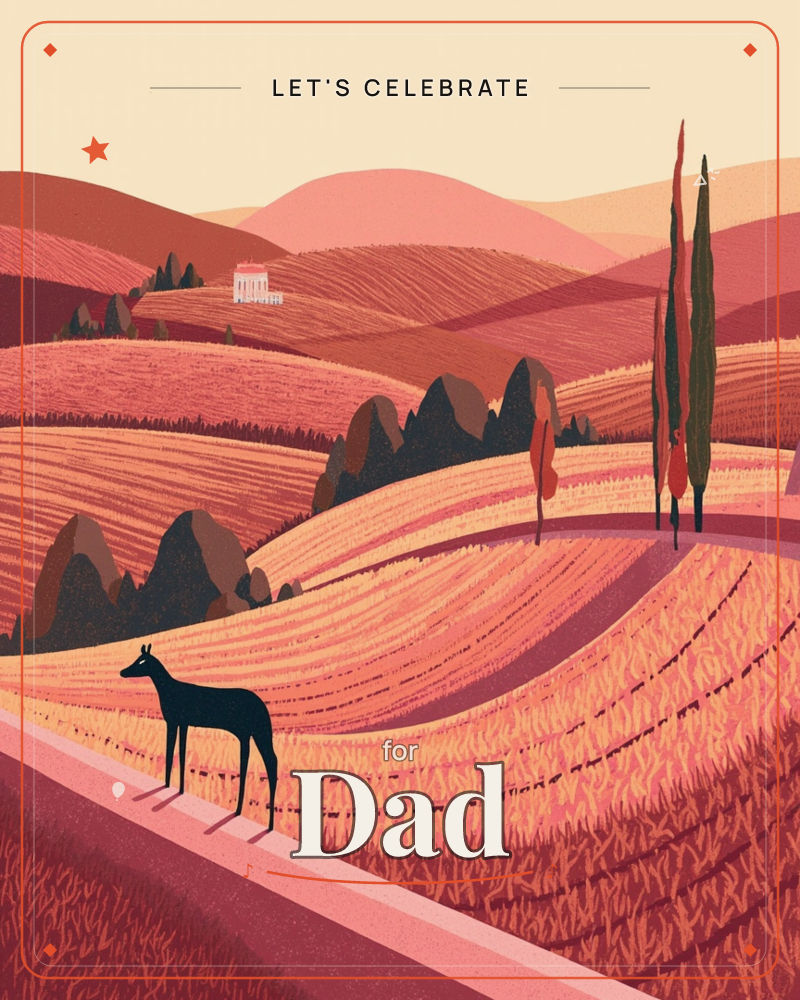 A stylised countryside landscape glows in shades of terracotta and rose as rolling hills sweep toward a distant hilltop villa, a party e-card design