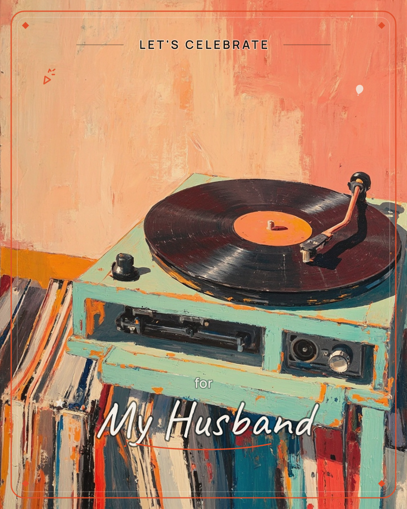 A mint-green record player sits mid-spin against a peachy, sun-washed wall, its tonearm resting on a black vinyl with an orange label, a party e-card design