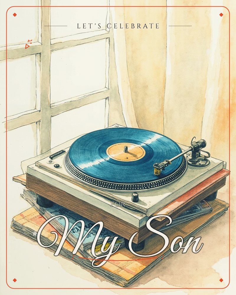 A watercolour turntable with a deep blue record spinning sits stacked atop a pile of worn record sleeves, positioned near a sunlit window with soft…, a party e-card design