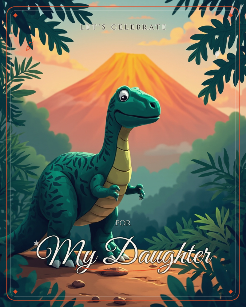 A friendly green dinosaur with a cream-striped belly stands smiling on a dusty ledge, framed by dark ferny leaves in the foreground, a party e-card design