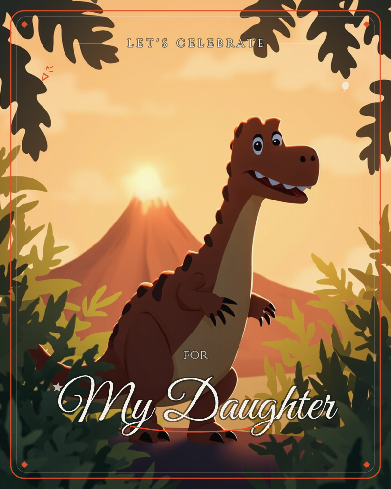 A cheerful cartoon dinosaur stands grinning among leafy fronds, framed by a glowing prehistoric sunset and the silhouette of a distant volcano, a party e-card design