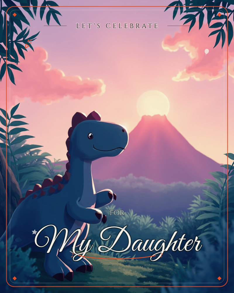 A cheerful blue dinosaur with a spiked back stands smiling among leafy fronds as the sun sets behind a distant volcano-shaped mountain, a party e-card design
