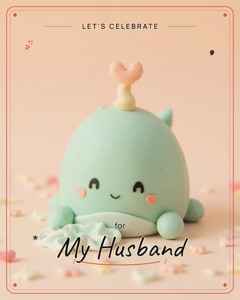 A rounded mint-green whale figure sits front and centre, sculpted from soft matte fondant with a heart-shaped spout, blushing cheeks and closed happy eyes, a party e-card design