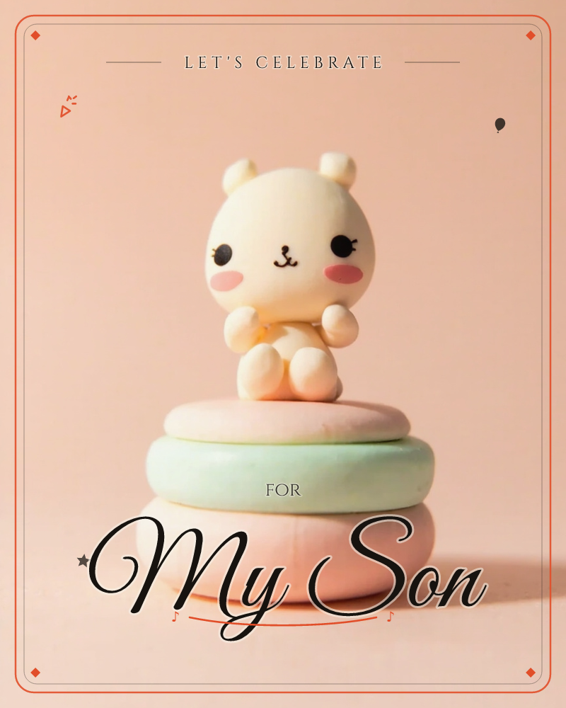A small cream-coloured toy bear with rosy cheeks sits perched on top of a stack of three macaron-like discs in pink, mint and blush tones, a party e-card design