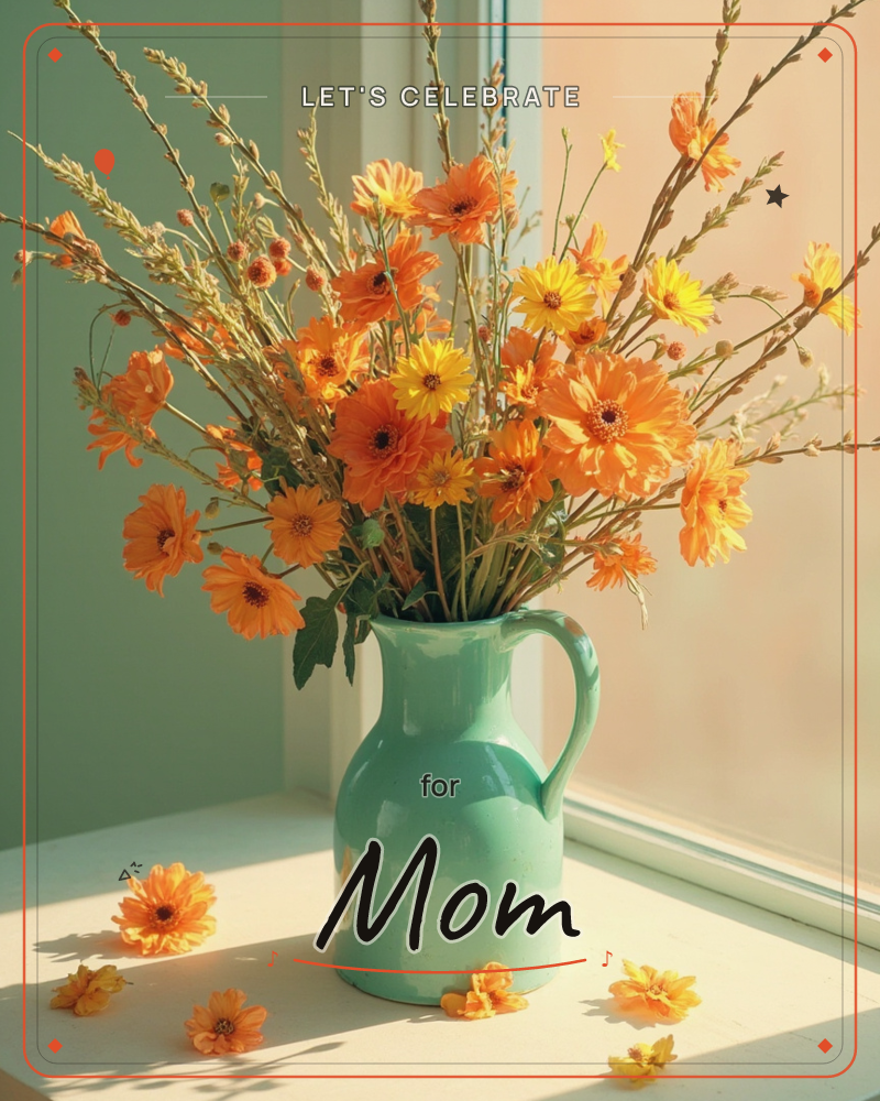 A mint-green ceramic pitcher holds a bright bunch of orange and yellow daisies with tall bare twigs, sitting on a windowsill in warm afternoon sun, a party e-card design
