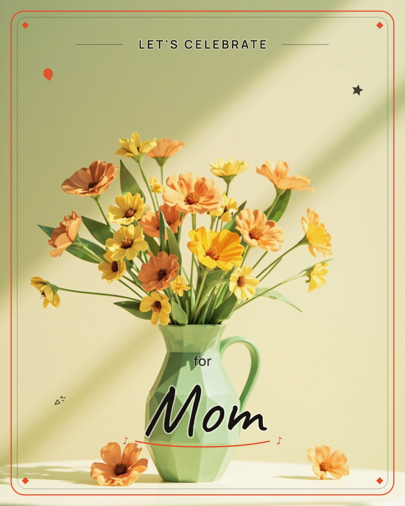A faceted green pitcher holds a loose bouquet of yellow and coral zinnias, their low-poly petals catching a diagonal beam of warm light against a soft…, a party e-card design