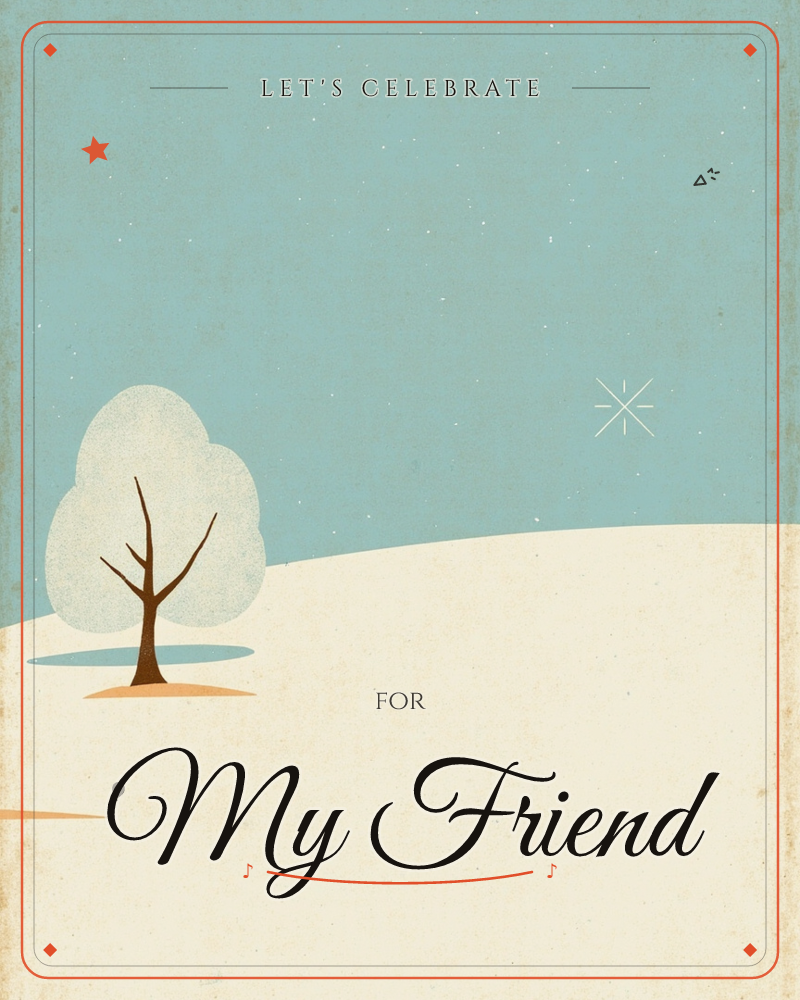 A single bare-branched tree with a soft cloud-like snow-covered crown stands on a rolling snowy hill under a dusty teal sky, a party e-card design