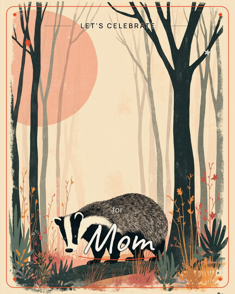 A badger pads through a quiet woodland at dusk, its striped face turned toward the viewer as a large peach-toned sun glows low behind bare, silhouetted…, a party e-card design