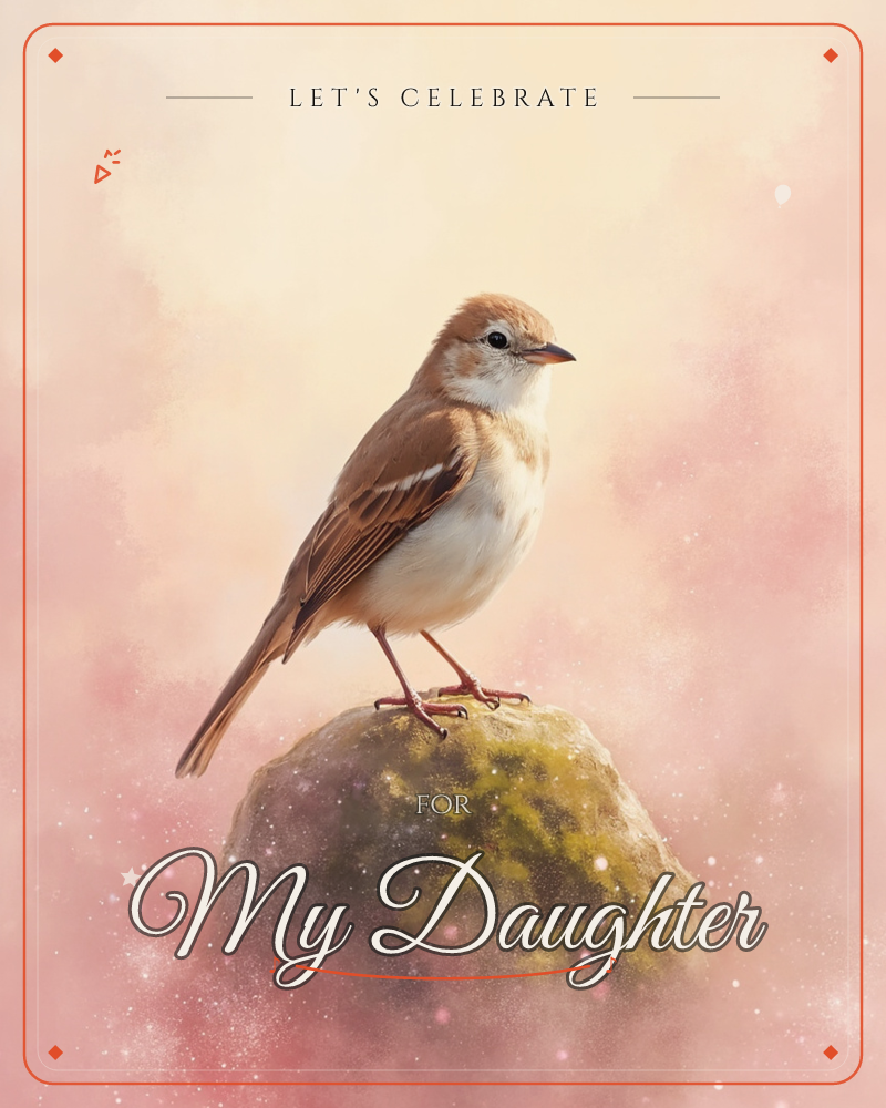 A small tawny sparrow perches alone on a moss-speckled rock, its cream breast catching a soft, hazy light against a dreamy pink and gold backdrop, a party e-card design