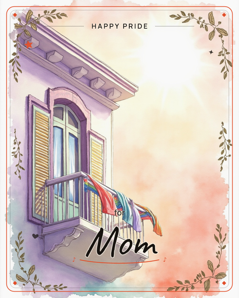 A lavender-toned villa balcony juts out with an arched shuttered window behind it, colourful laundry draped over the railing and lifting in a breeze, a pride e-card design