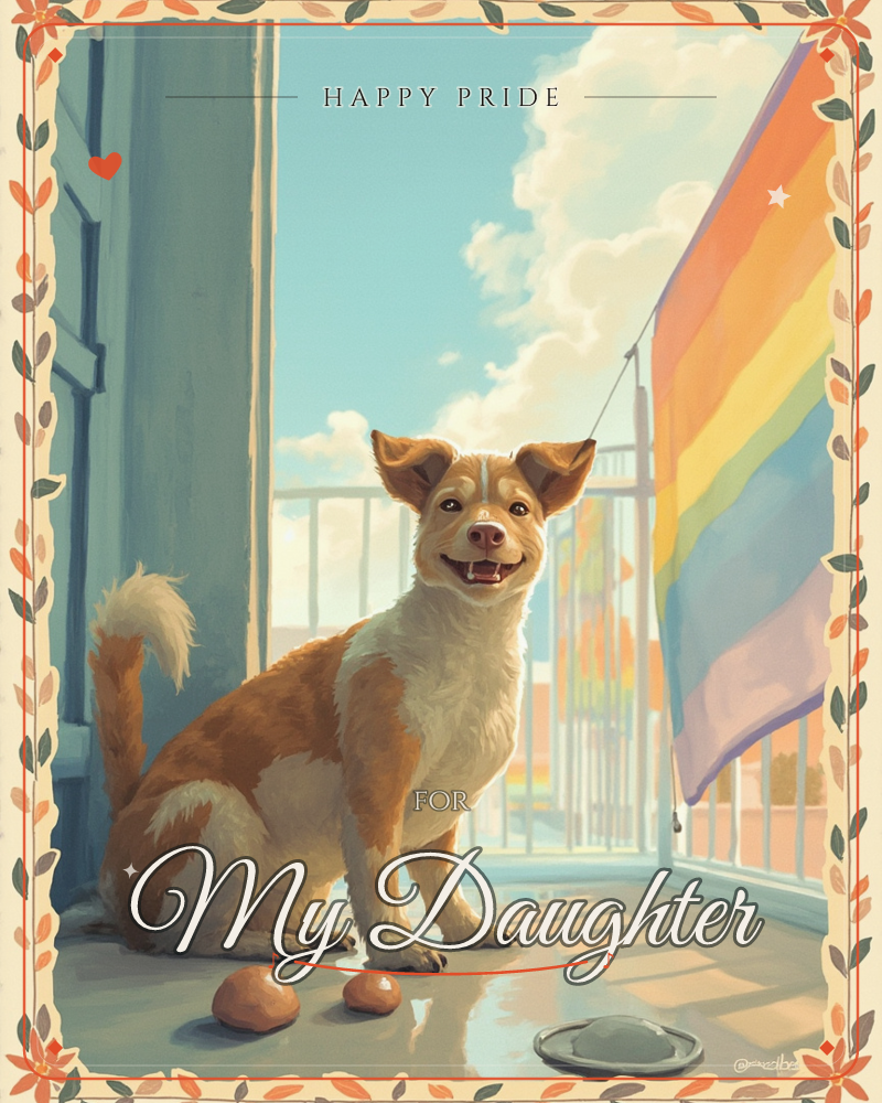 A cheerful tan-and-white dog sits grinning on a sunlit balcony, tail curled behind it, with a rainbow flag hanging from the railing beside a fluffy…, a pride e-card design
