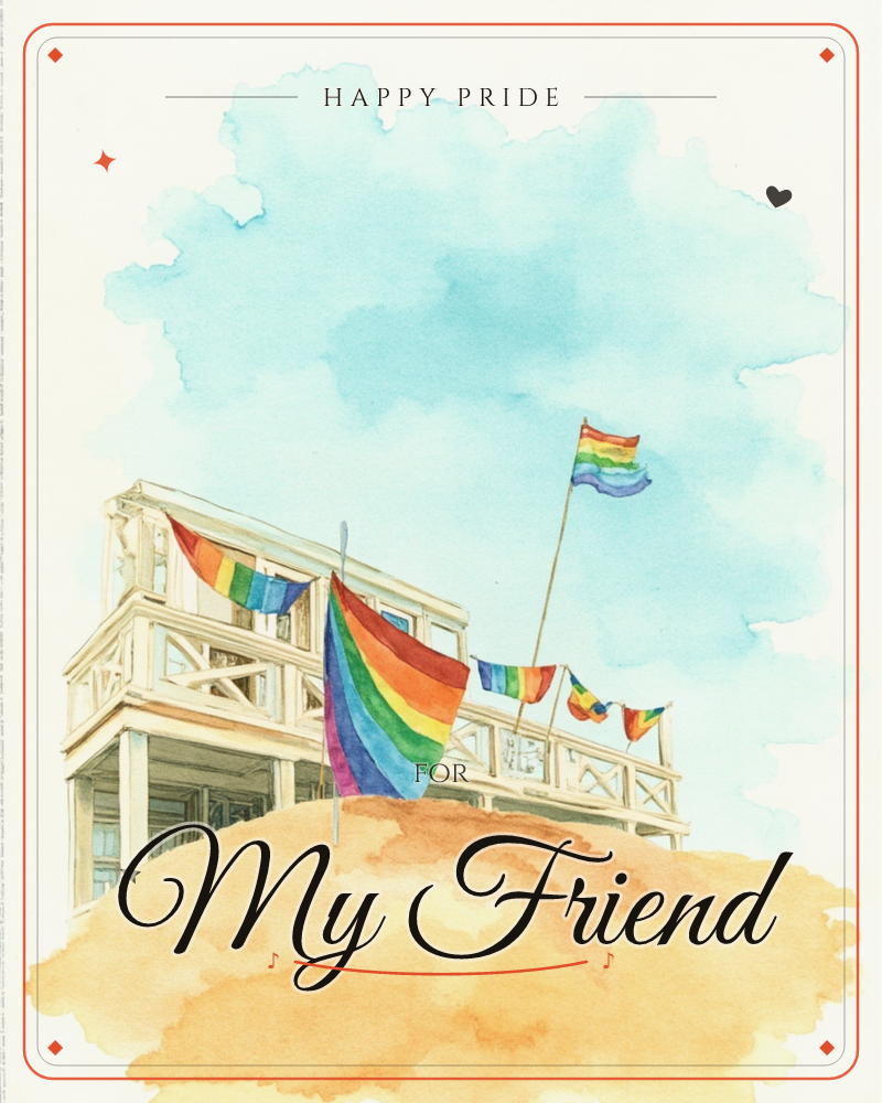 A white wooden beach pavilion sits atop a sandy dune, strung with rainbow flags and pennants that flutter against a soft blue sky and billowing clouds, a pride e-card design