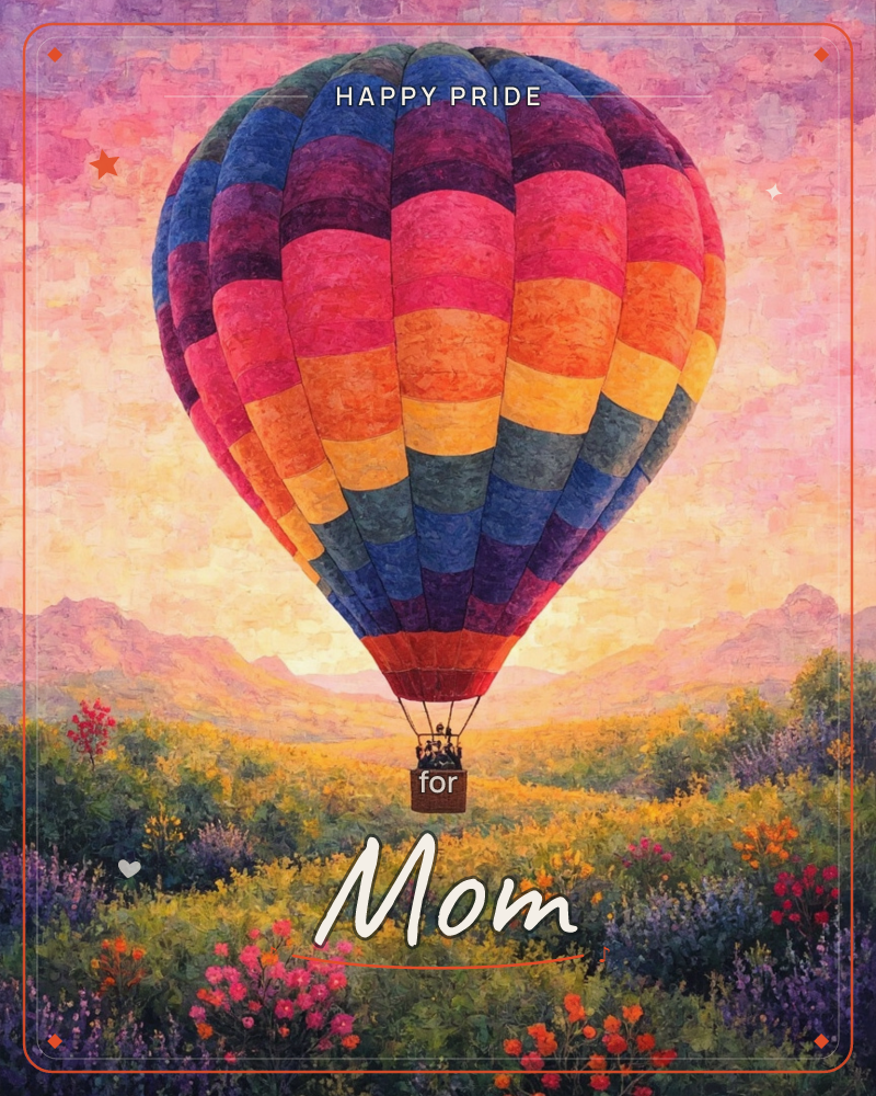 A striped hot air balloon in deep jewel tones rises over a wildflower valley as the sky glows pink and gold with sunset light, a pride e-card design