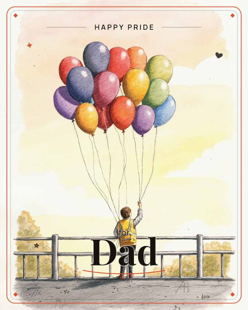 A child in a yellow jacket stands at a wooden railing, holding a huge bunch of multicoloured balloons up against a warm, glowing sky, a pride e-card design