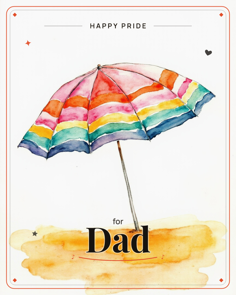 A striped beach umbrella stands open on a patch of sandy ground, its panels painted in bands of pink, orange, yellow, green and blue, a pride e-card design