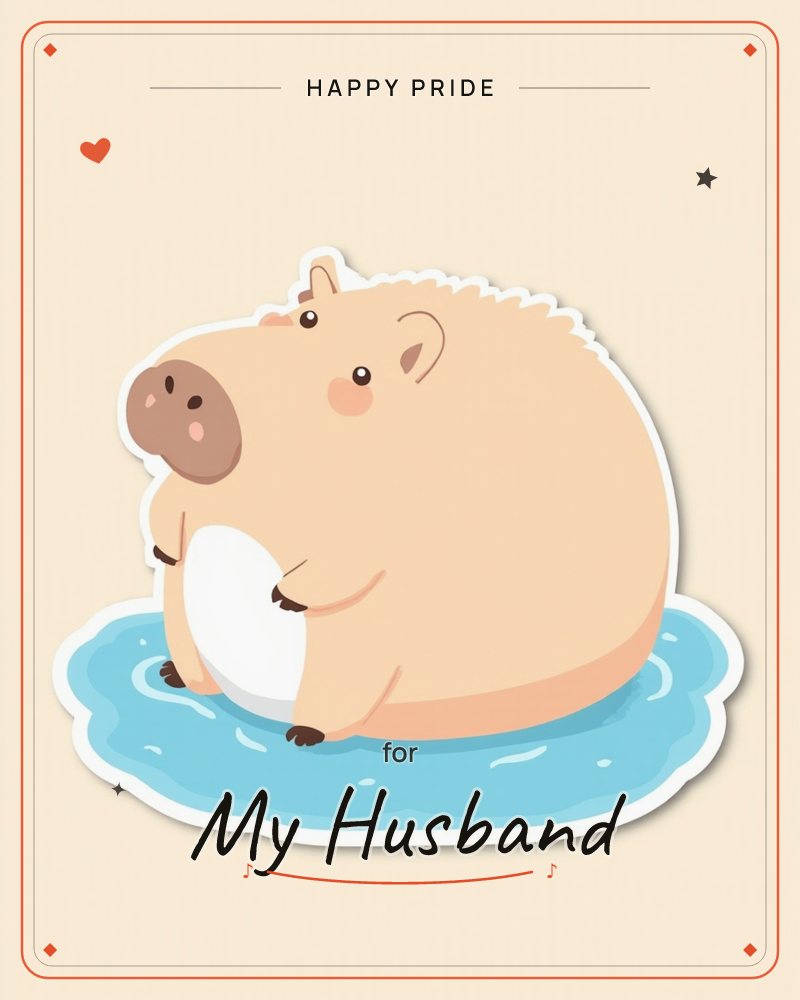 A round, rosy-cheeked capybara sits contentedly in a small pool of blue water, its paws resting on its pale belly, a pride e-card design