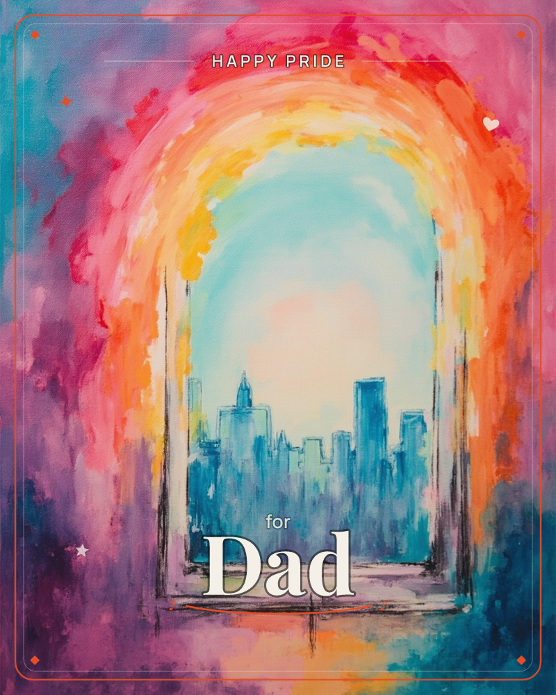 An arched window frames a hazy blue city skyline glowing under a pale, luminous sky, while the surrounding wall bursts into a painted halo of coral…, a pride e-card design