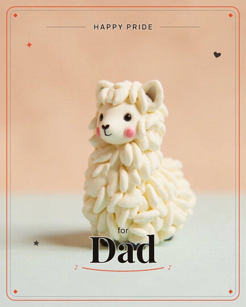 A tiny clay sheep with cream, petal-shaped tufts of fleece and rosy pink cheeks stands smiling against a soft peach backdrop, a pride e-card design