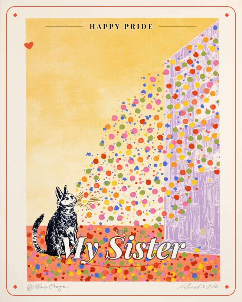 A black-and-white sketched cat sits on a speckled floor, sneezing out a wide burst of multicolour confetti-like dots that arcs across a golden…, a pride e-card design