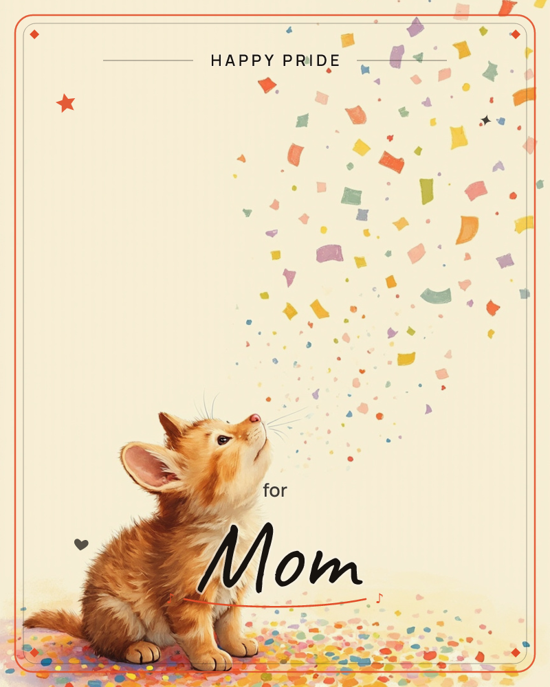A small ginger kitten sits on a soft cream background, tilting its face up as a burst of confetti sprays upward from its nose, a pride e-card design