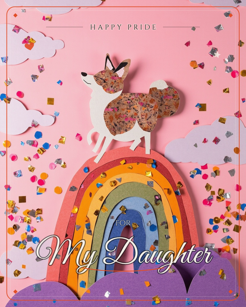 A paper-cut corgi with a speckled glitter coat trots along the top of a layered paper rainbow, set against a candy-pink sky scattered with cardboard…, a pride e-card design
