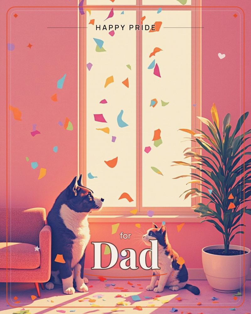 A dog and a cat sit side by side on the floor of a rosy pink room, gazing up at a bright window as confetti drifts through the air around them, a pride e-card design