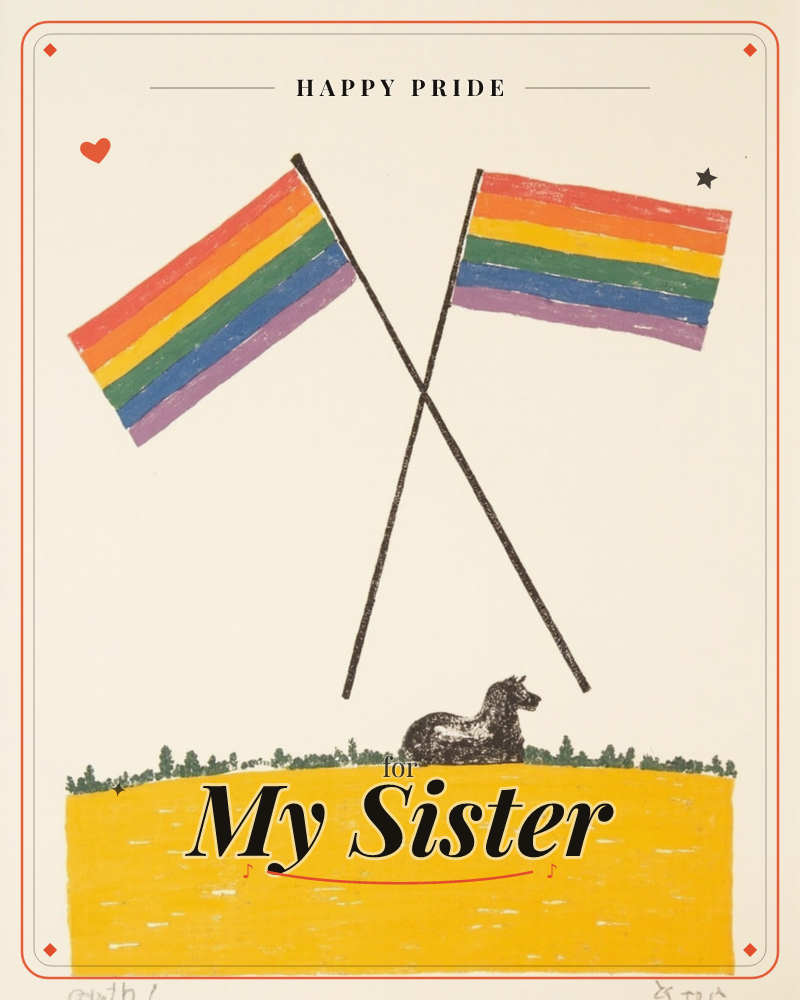 Two rainbow flags cross on tall poles above a golden-green hillside dotted with small trees, and a single dark horse lies resting right where the poles…, a pride e-card design
