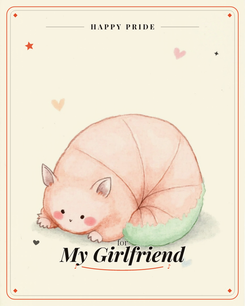 A round, blushing creature curls up like a peach with a bite taken out of its bottom, revealing a soft green interior, a pride e-card design