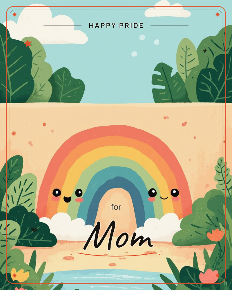 A cheerful rainbow with two smiling faces arches over a sandy path bordered by lush oversized leaves and small tropical flowers, a pride e-card design