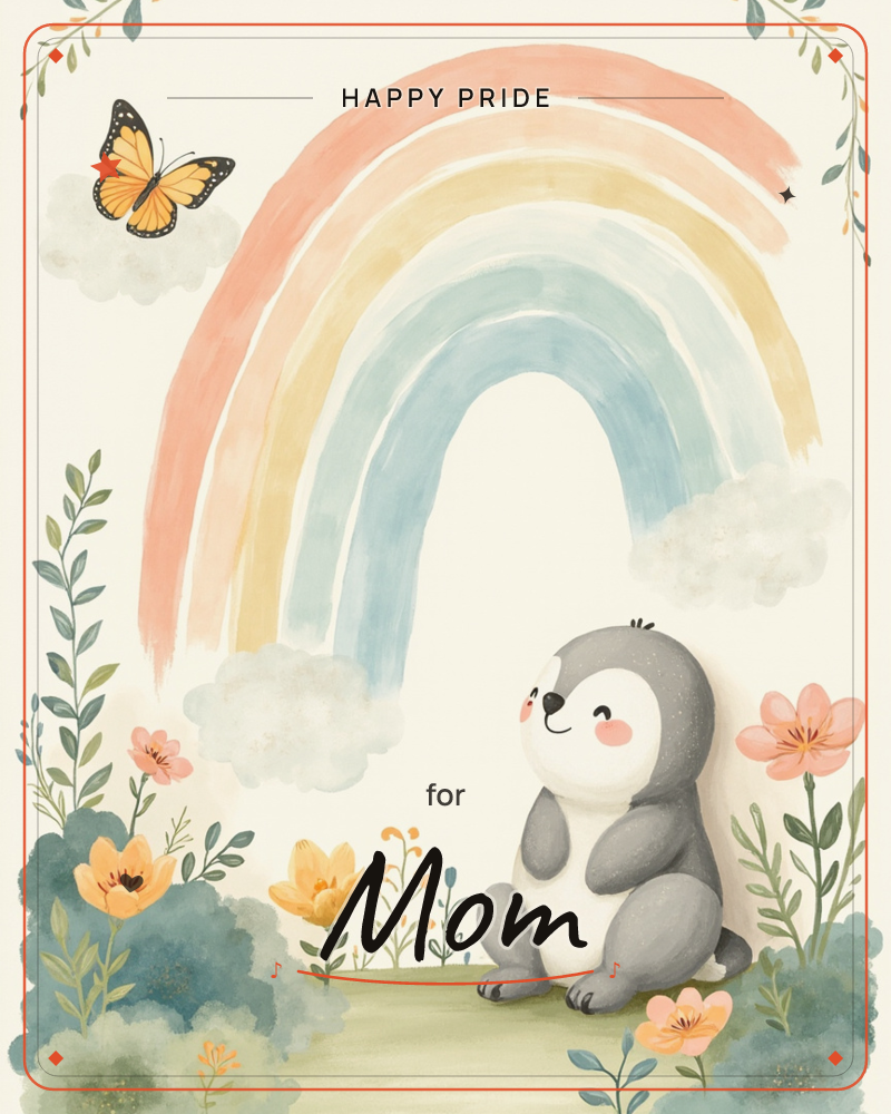 A soft watercolour rainbow arcs over a smiling little penguin sitting content among wildflowers and green bushes, with a monarch butterfly drifting…, a pride e-card design