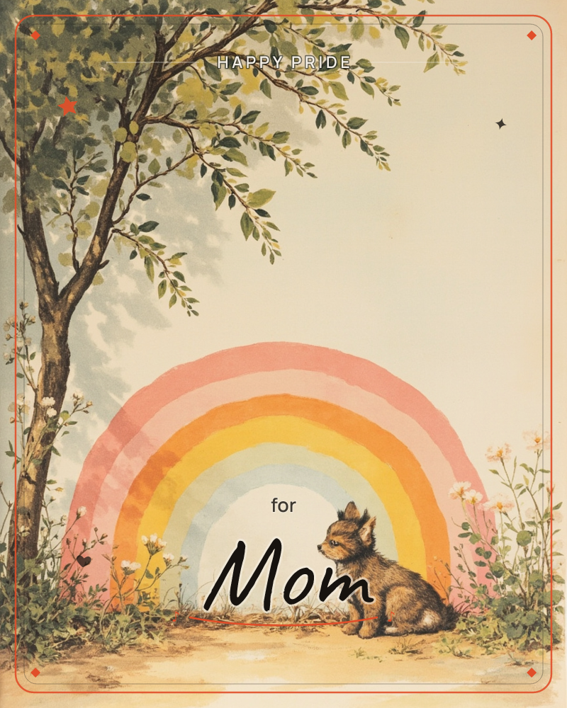A small fox cub sits alone on a sandy path beneath a pastel rainbow, framed by a leafy tree on one side and wildflowers on the other, a pride e-card design
