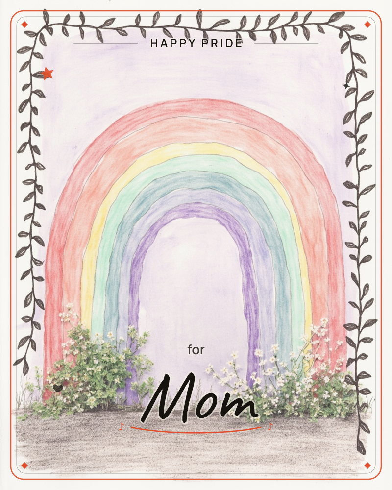 A wide rainbow arches over a lavender sky, its bands of coral, yellow, green and violet framing a soft glowing archway, a pride e-card design