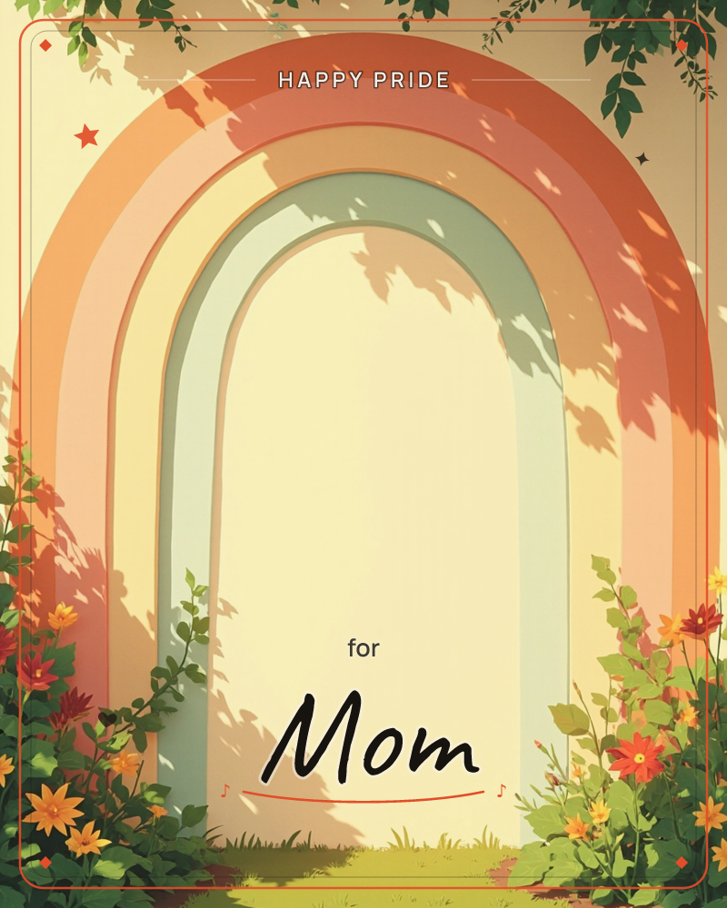 A muted rainbow arches like a doorway over a sunlit clearing, its bands fading from terracotta red to soft sage green, a pride e-card design
