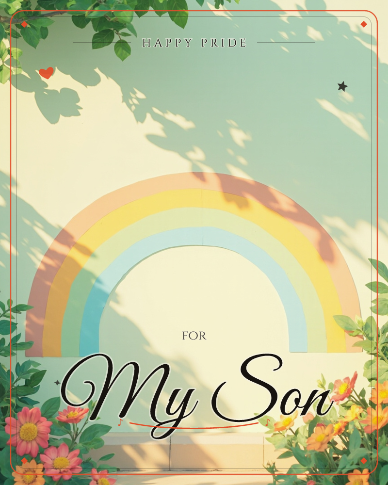 A pastel rainbow arch is painted on a sunny wall, dappled with the shifting shadows of overhanging leaves, a pride e-card design