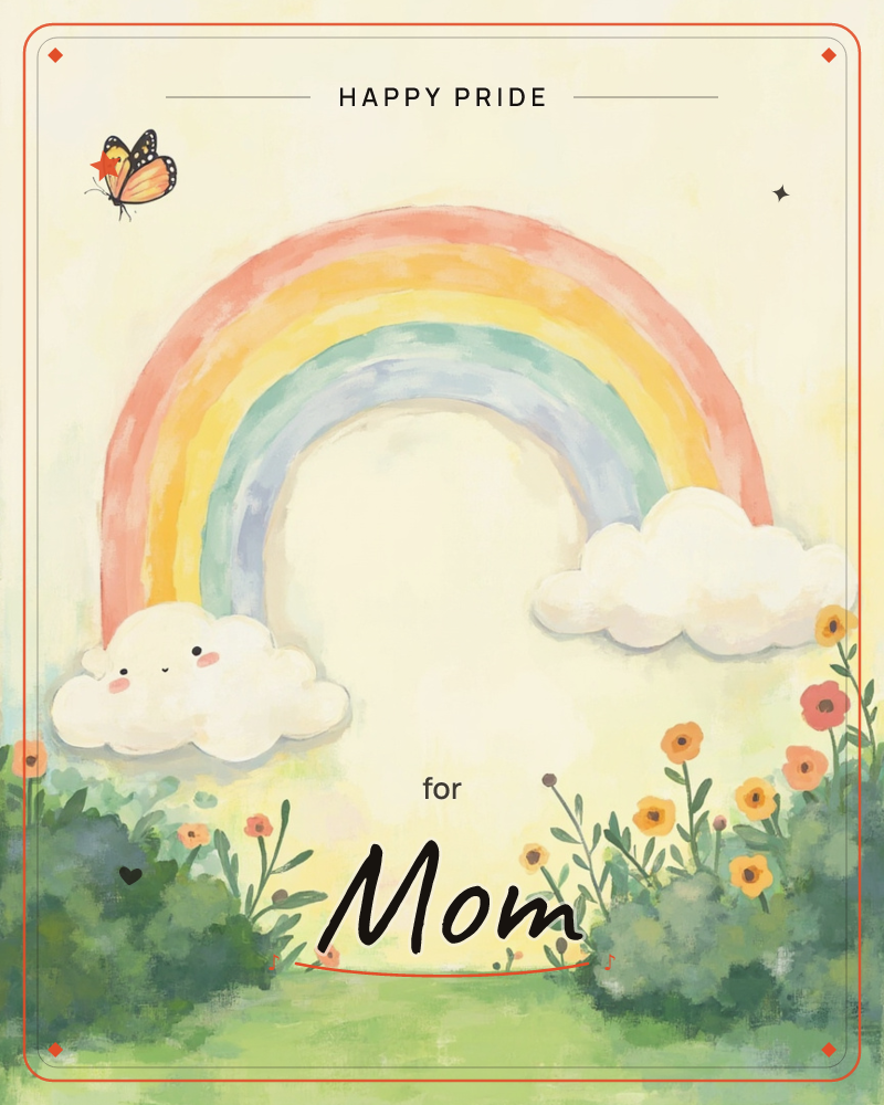 A soft watercolour rainbow arches over a garden, with one puffy cloud beneath it wearing a sleepy smiling face while a plain cloud floats to the side, a pride e-card design