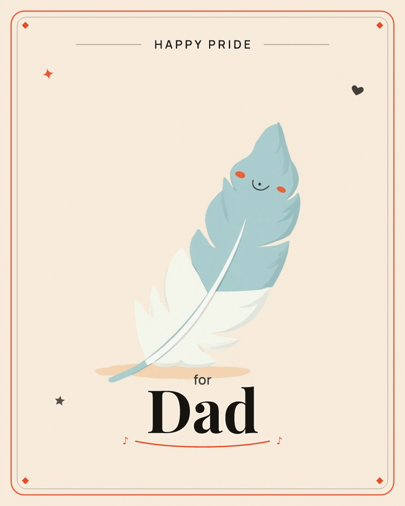 A single feather, dusty blue at the top fading to soft white below, stands upright and leaning slightly against a plain peach background, a pride e-card design