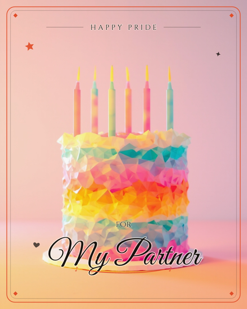 A birthday cake rendered in faceted, low-poly crystal shapes glows with bands of turquoise, coral, yellow and pink, as if lit from within, a pride e-card design
