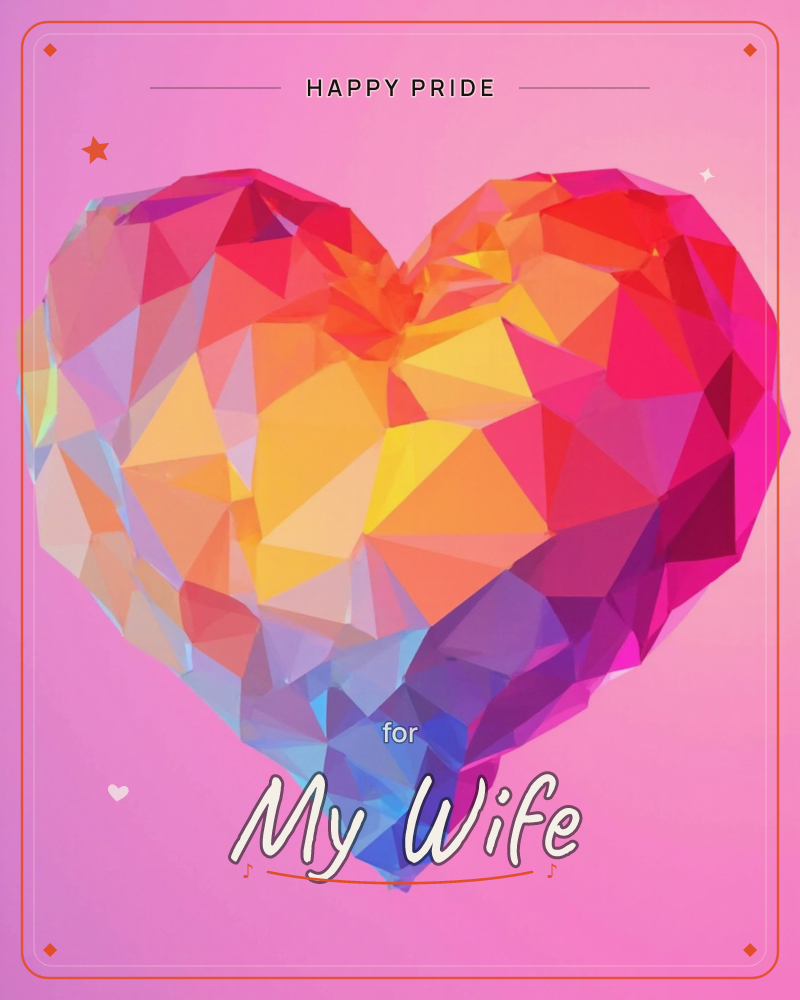 A large heart built from faceted low-poly triangles glows against a dark background with a soft pink halo of light, a pride e-card design