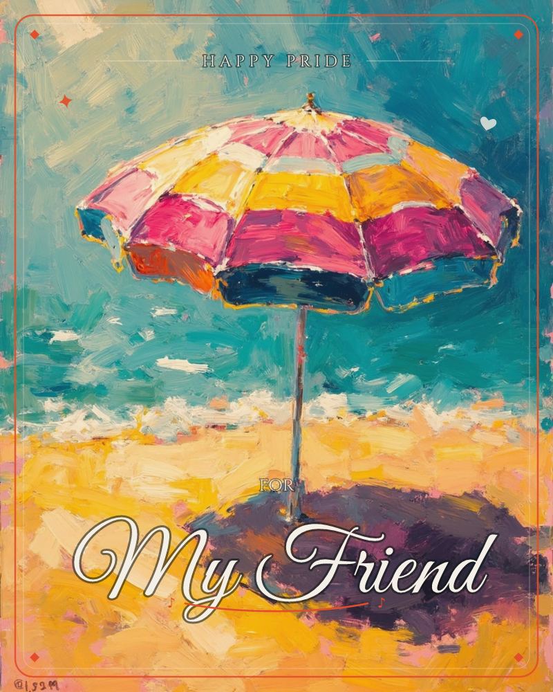 A striped beach umbrella in pink, gold, cream and navy panels stands alone on a sunlit shore, its shadow pooling dark against the sand, a pride e-card design