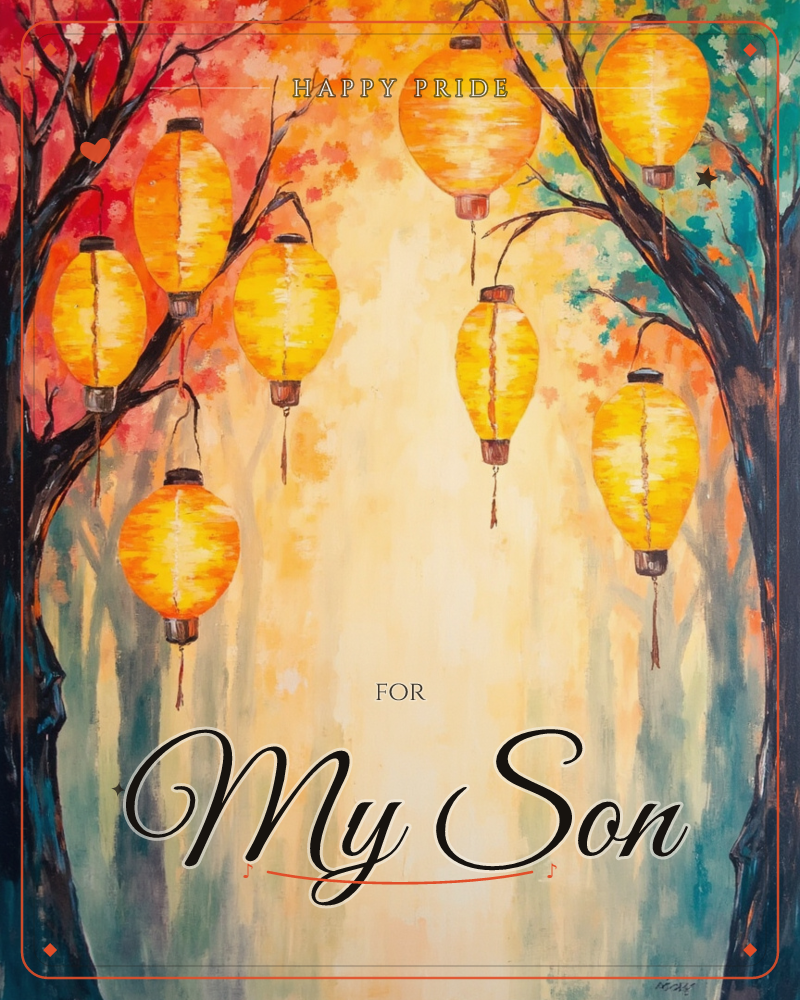 Glowing golden lanterns hang from the dark, twisting branches of two trees that frame a luminous pathway, a pride e-card design