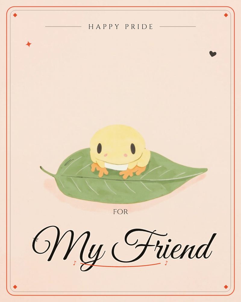 A small round yellow frog with rosy cheeks perches happily atop a single large green leaf, its orange toes gripping the edges, a pride e-card design