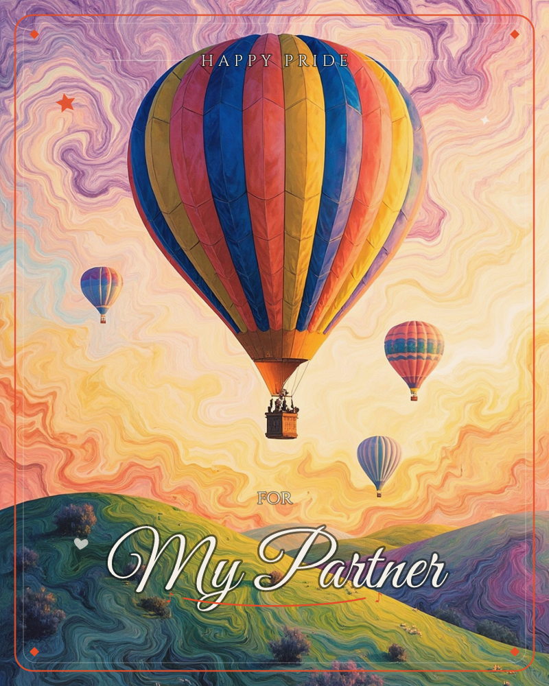 A large striped hot air balloon rises above rolling green hills, its basket carrying tiny silhouetted figures, while three smaller balloons drift in…, a pride e-card design